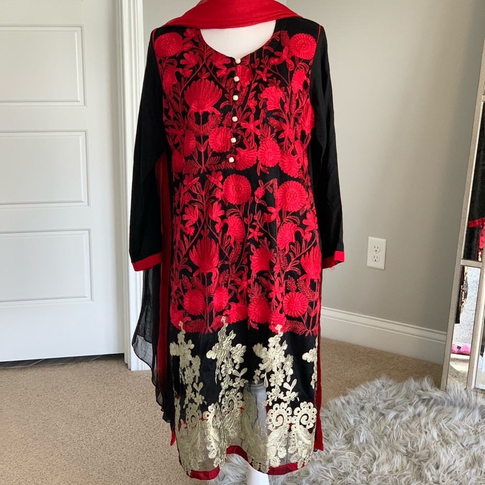 3 piece black and red salwar kameez